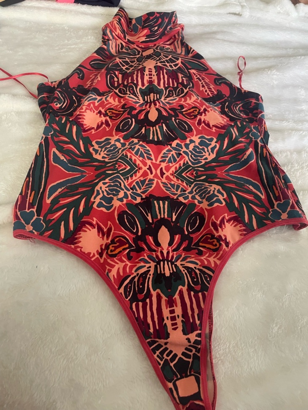 Free People Intimately High-Neck Floral geometric bodysuit large Coral & Teal